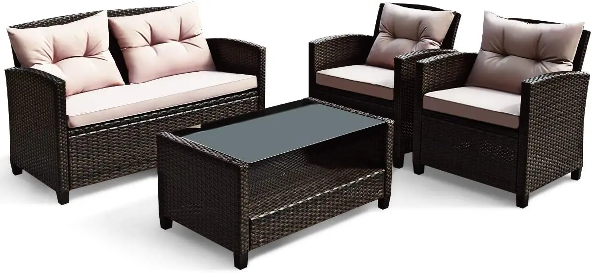 4-Piece Patio Conversation Set Rattan Wicker Chair Furniture Set with 1 Loveseat, 2 Single Sofas, 1 Coffee Table for Backyard