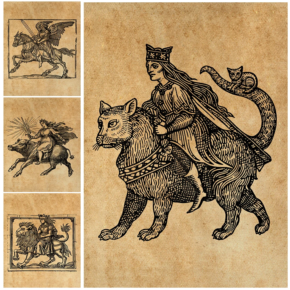 Norse Goddess,Fallen Angel And Mythical Animals,Vintage Wall Art Canvas Painting,Witch Poster Print,Pagan Gifts,Home Decoration