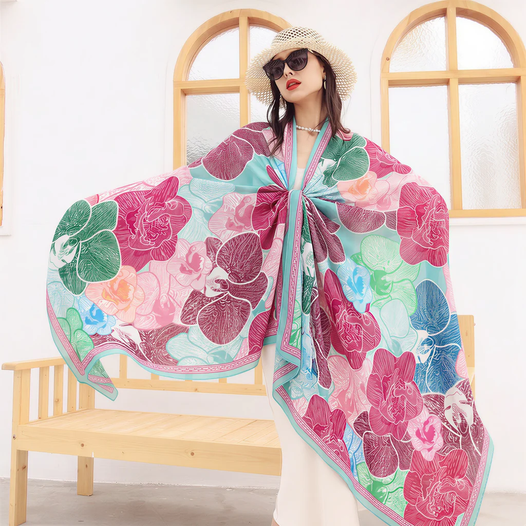 Women Colorful Orchid Floral Print Chiffon Scarf 230*110cm Large Beach Cover Up Summer Sunscreen Shawl Wrap Elegant Scarves