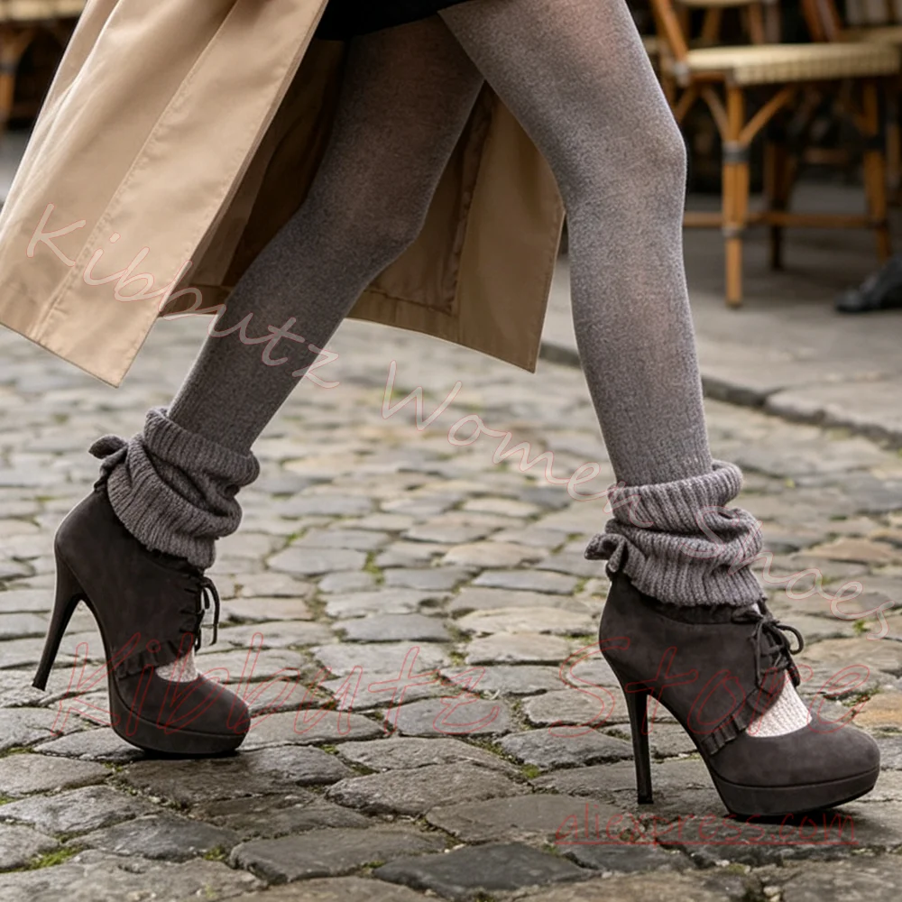 Lace Up Stiletto Pumps Thin Heel Ruffle Suede Leather Goth Chic Round Toe Daily Wear Solid Color Slip-On Women Shoes Fashion New
