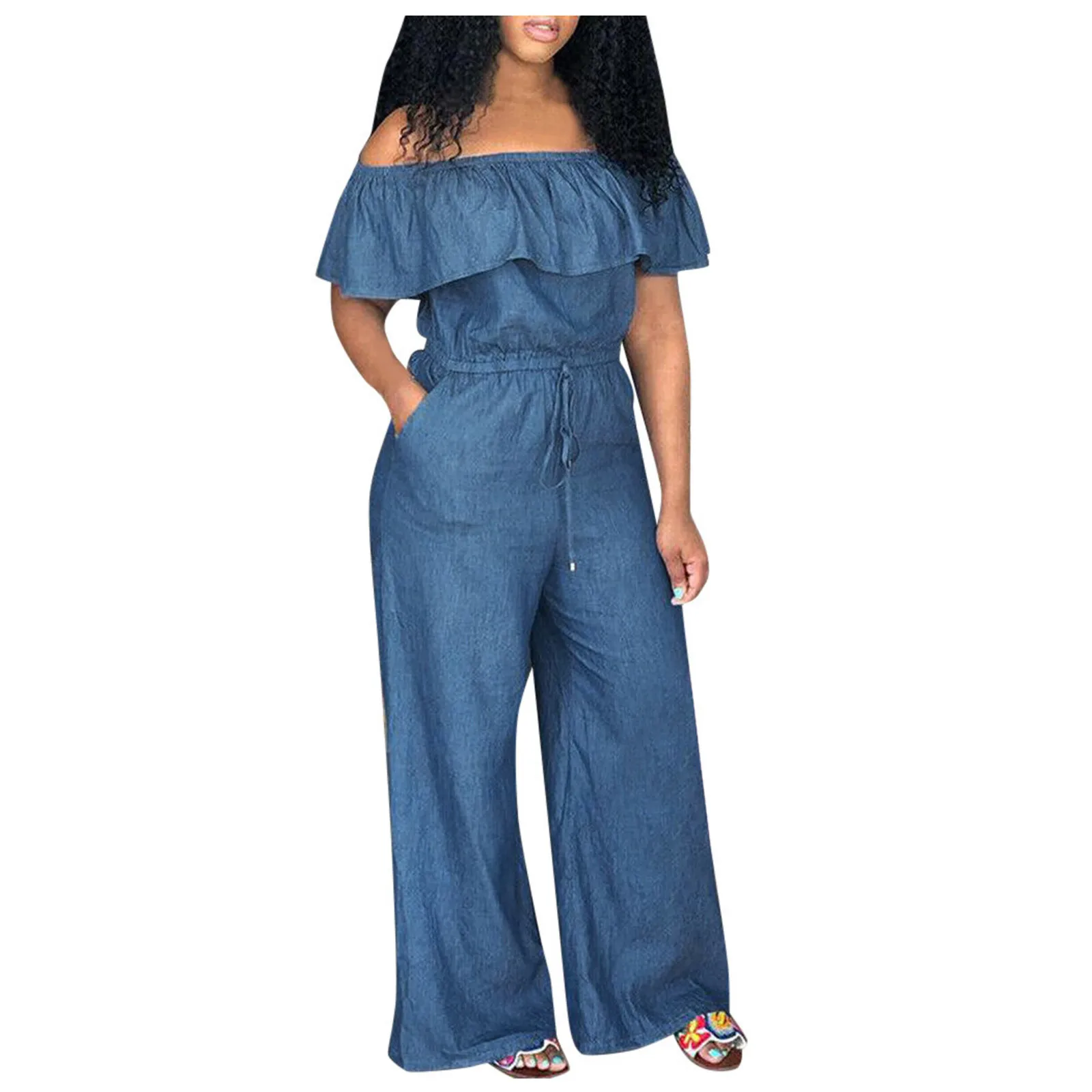 New Women Off Shoulder Denim Jeans Look Long Party Club Playsuits Jumpsuits S-XXL