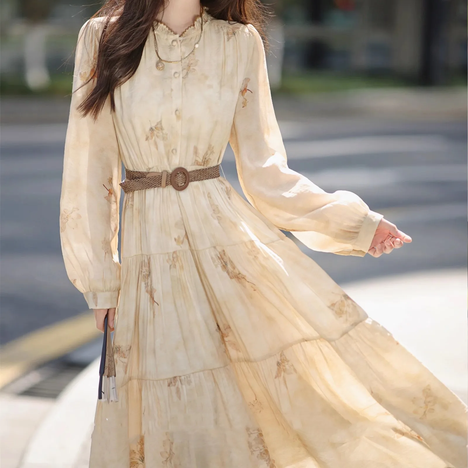 Francês elegante gola babados impresso manga longa chiffon em camadas vestido de linha a para mulher drapey flowy versátil vestido de deslocamento