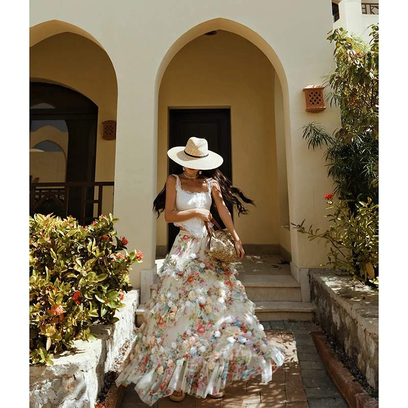 European Style 2025 New Summer Women Loose Casual Floral A-line Patchwork Ankle-length Skirt Flower Patchwork Design Skirts T28