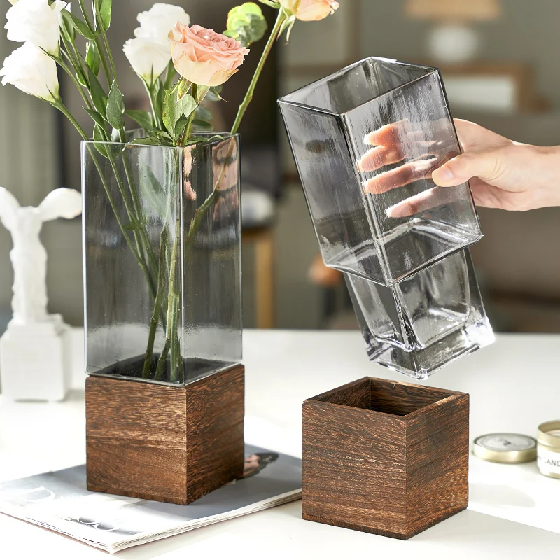 Glasvase mit Holzsockel, Blumenarrangement, Hydrokultur-Zubehör, transparente Einrichtungsdekoration für Zuhause