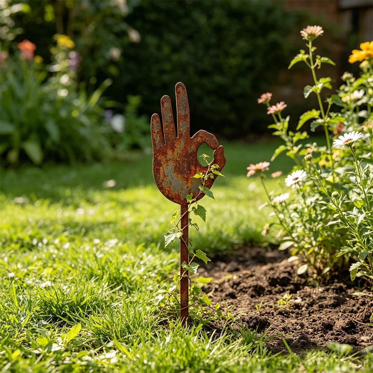 1Pc Iron Garden Decoration Stake, Vintage Style, Rust-Colored Iron Ok Gesture Garden Stake, Outdoor Lawn/Flower Bed Decoration, Suitable for Climbing Plants, Garden Landscaping and Fun Gardening Decoration Crafts.