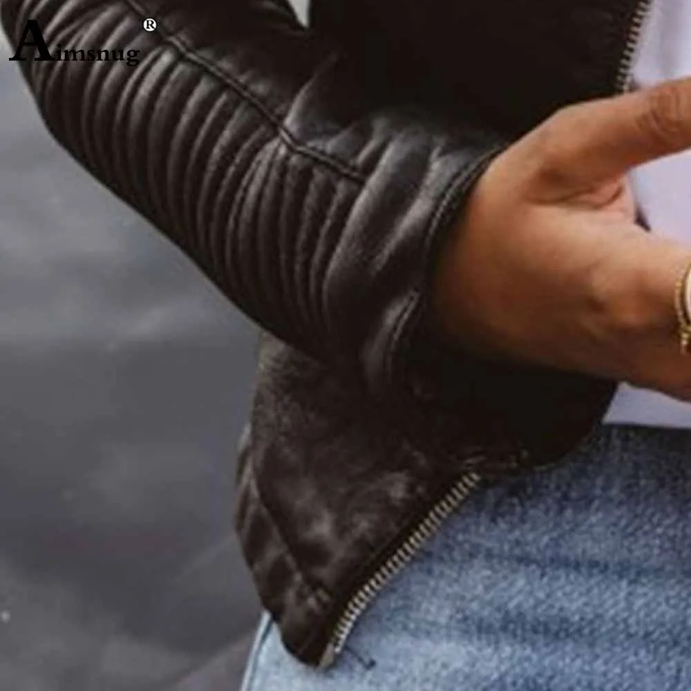 Chaquetas de piel sintética para mujer, prendas de vestir exteriores con cuello mandarín, bolsillos, abrigo con cremallera, chaqueta Artificial para motociclista, otoño e invierno, 2023