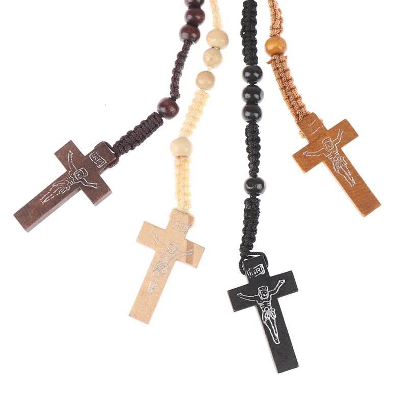 1Pc Christ Jesus Wooden Beads Rosary Bead Cross Pendant Catholic Cross Necklace Souvenirs Gifts