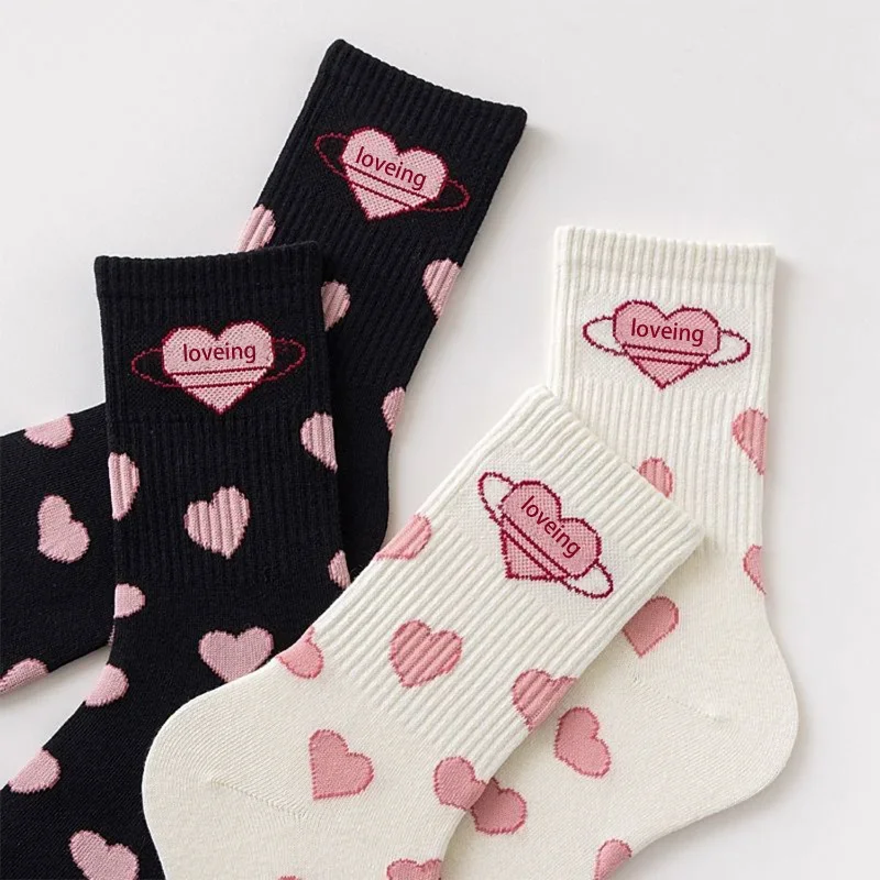 1 Pairs Pink Love Mid-tube Sock Cute Students Girls JK Lolita Socks Simple Fashionable Socks Women Kawaii