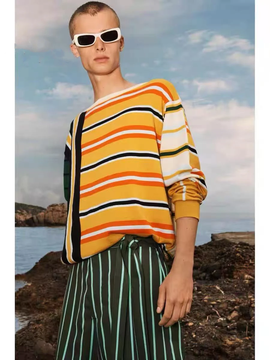 

YY26214 ZA25 autumn new men's round neck loose fitting pullover striped knit sweater base sweater 3003712