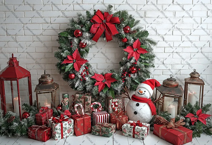 Mehofond التصوير خلفية عيد الميلاد الأبيض الطوب جدار ثلج شجرة عيد الميلاد الاطفال الأسرة صورة ديكور خلفية استوديو الصور