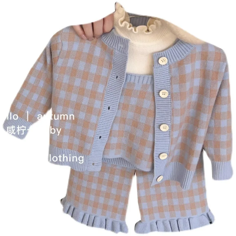 Girls' Autumn Clothing Suits New Spring and Autumn Knitted Bell-Bottom Pants Cardigan Baby Western Style Fashion Children's Thre