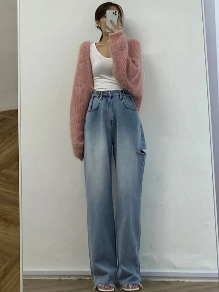 

Джинсовые джинсы с завышенной талией в стиле ретро, женские свободные прямые брюки с крутым подолом, модные длинные брюки на пуговицах