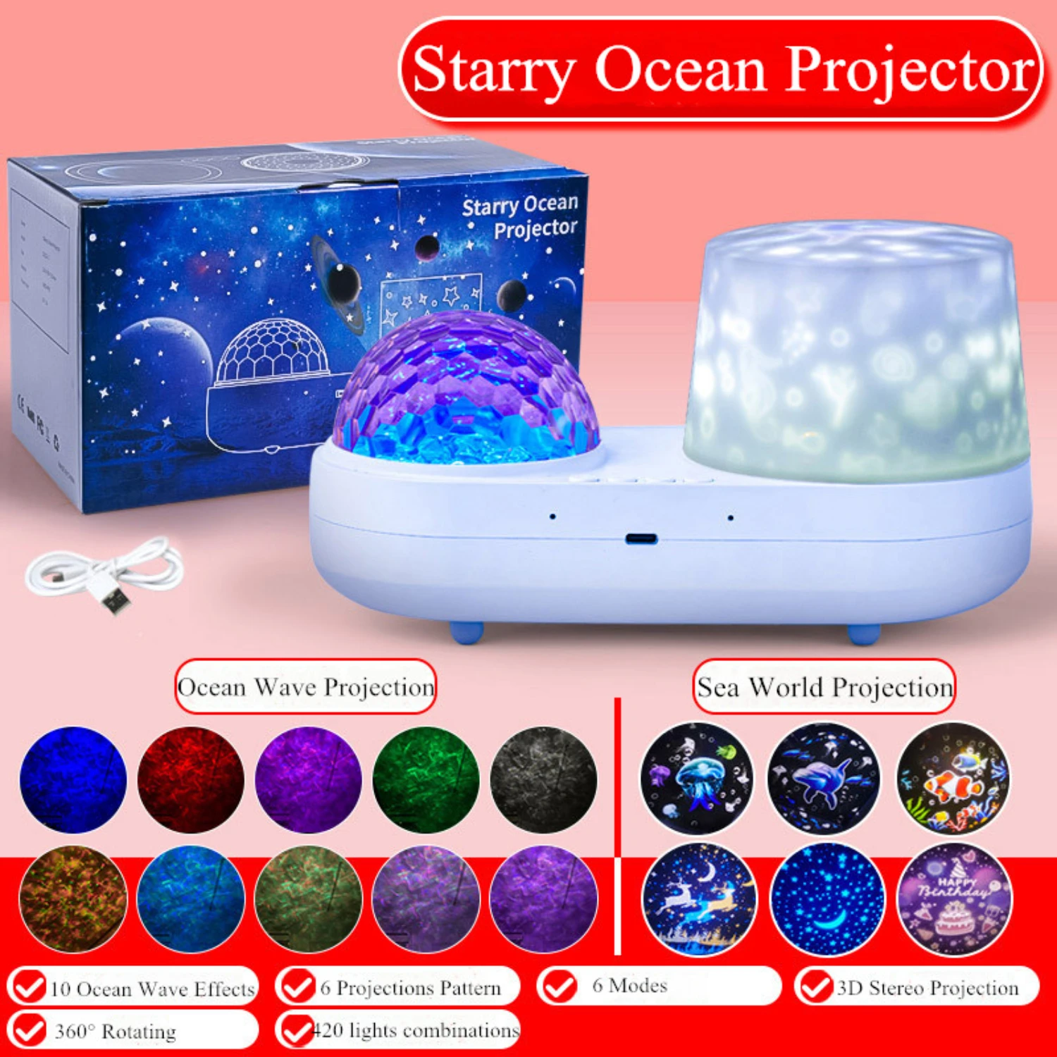 Starry Sky Ocean Night Light Projetor, Rotação de 360 graus, Ideal Baby Gift, Decoração para casa Lâmpada, Transformar você, criativo, novo