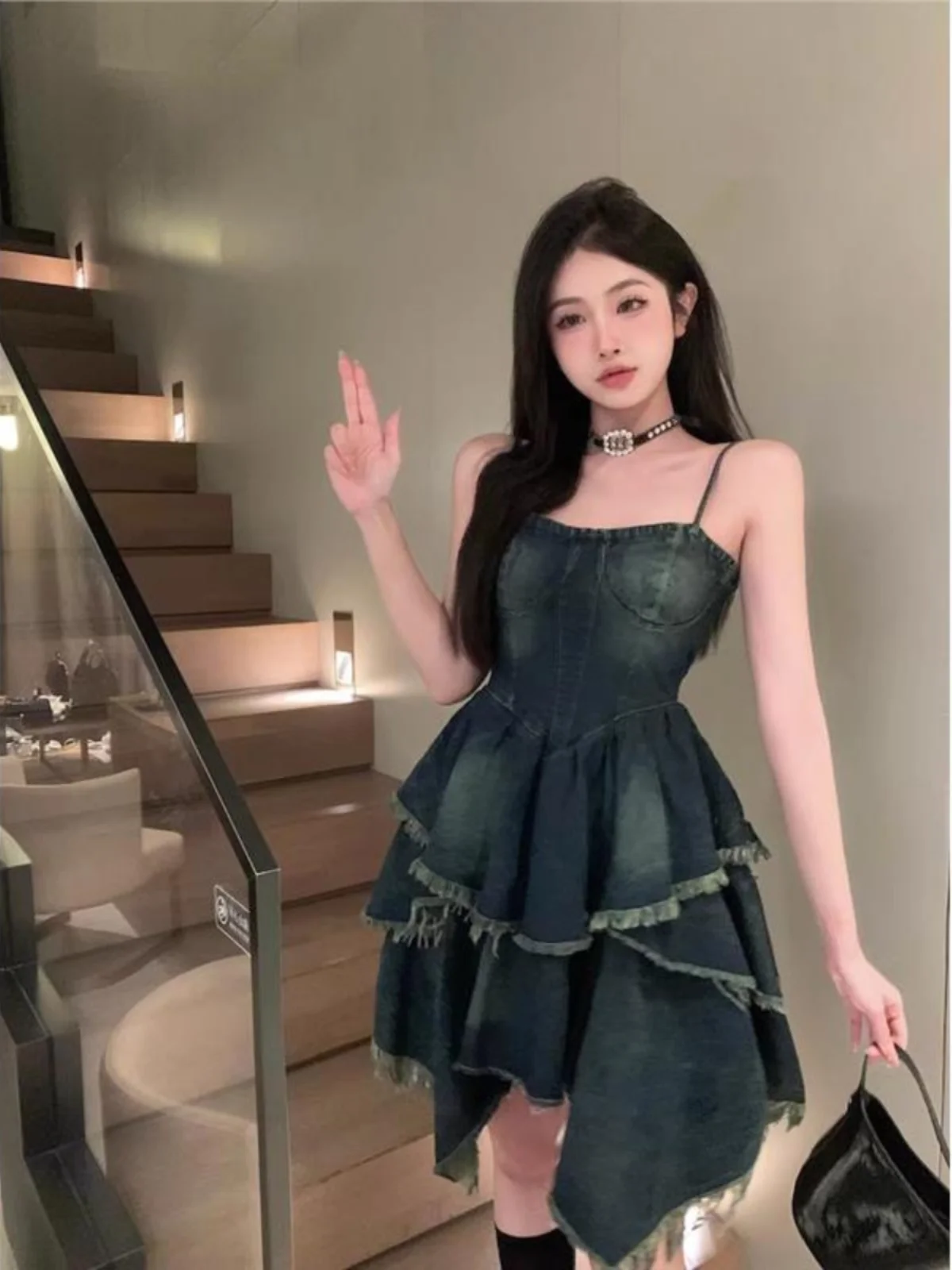 High Waist A-Line Short Denim Dress Women's Tummy Control Skirt Korean Style Commute Spring Summer High Sensation Dress