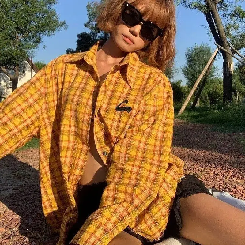 

American Style Dopaamine Yellow Plaid Ruffle Hem Shirt Loose Casual Early Autumn Women's Men's Outerwear Casual Shirt