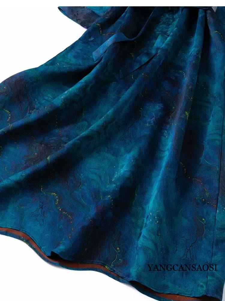 여성 가을 의류 블루 프린트 100% 천연 뽕나무 실크 갬비어드 광둥 거즈 배트윙 슬리브 출퇴근용 드레스