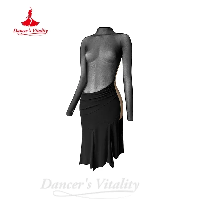 Roupa de prática de dança latina adulto sênior preto mangas compridas sexy fishtail vestido feminino tango rumba samba desempenho traje