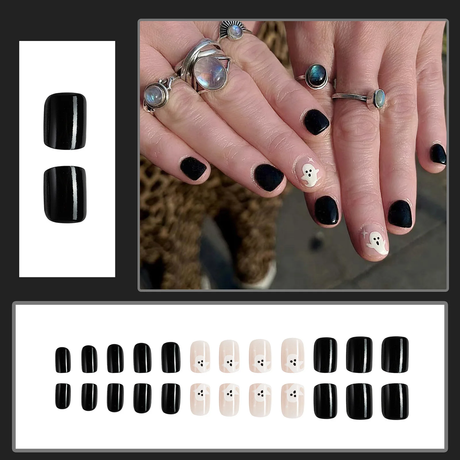 Halloween Short Black False Nails Natural Unbreakable Nail Simple Wear for Stage Performance Wear