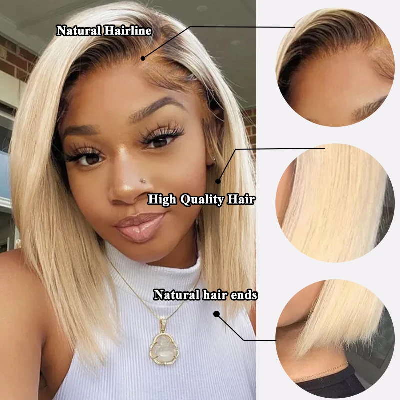 Ash Blonde Gradient Straight Short Bob Minimalist Glueless HD Lace Closure Human Hair Wig Boss Side Parted For Party Cosplay