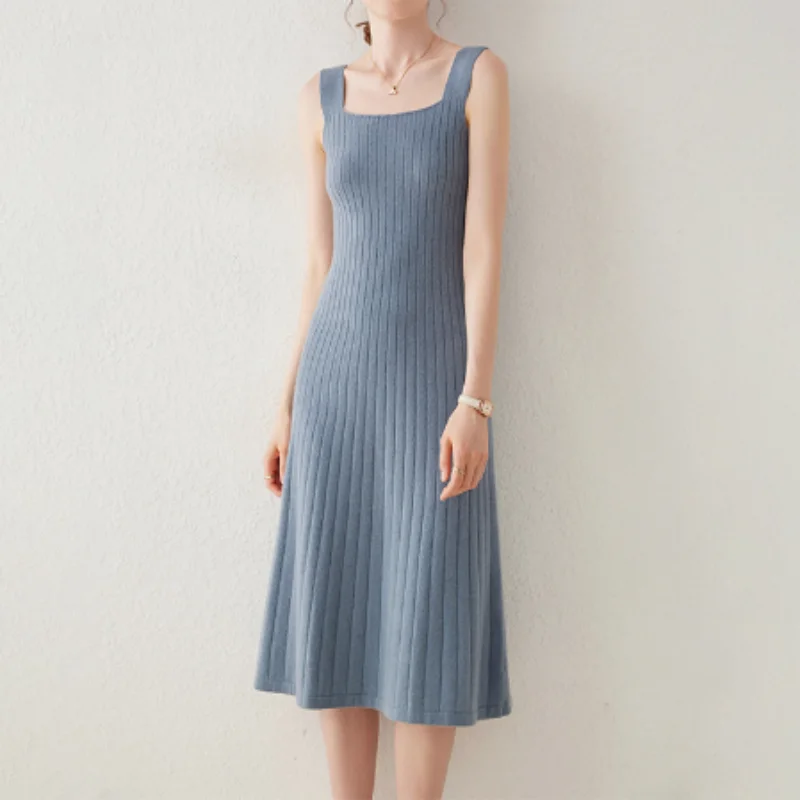 

Women's Fashion Autumn/Winter New Cashmere Sling U Neck Style Long Dress Stripped Waist Knitted Sleeveless Sweater Dress