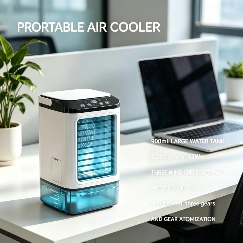 Rechargeable Evaporative Mini Air Cooler 900ml Water Tank 3‑Speed Desk Fan 7‑Color Night Light Humidifier For Bedroom Travel Use view 2