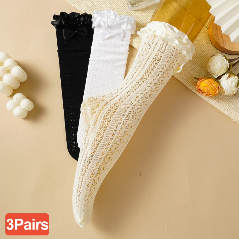 

3 Pairs Lolita Lace Socks for Women Jk Lace Bow Calf Thin Socks Mid-tube Mesh Hollow Breathable Short Socks Black White