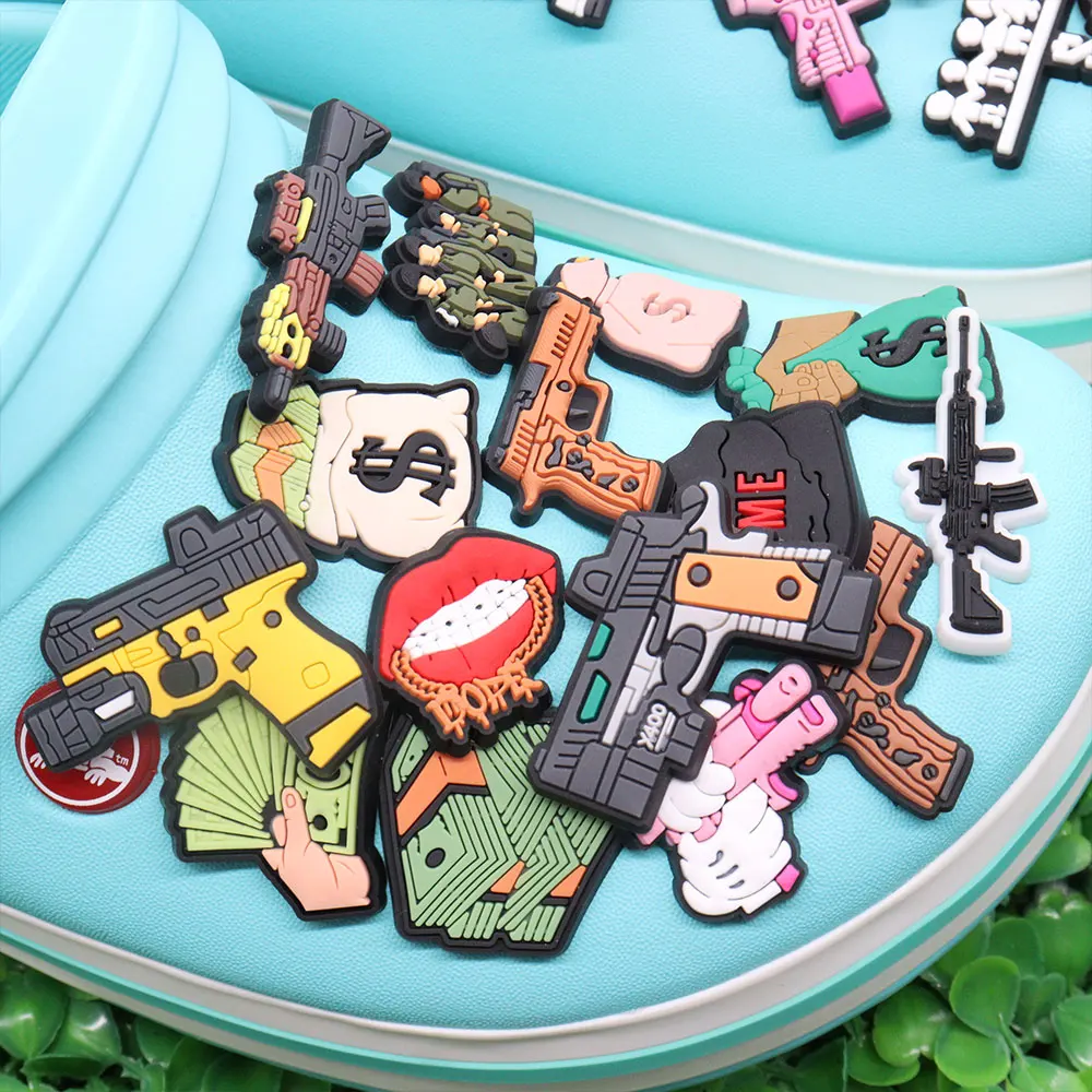 Wholesale 50Pcs PVC Dollar Money Bags Mix Gun Shoe Charms Boys Girls Buckle Decorations Fit Wristband cute 