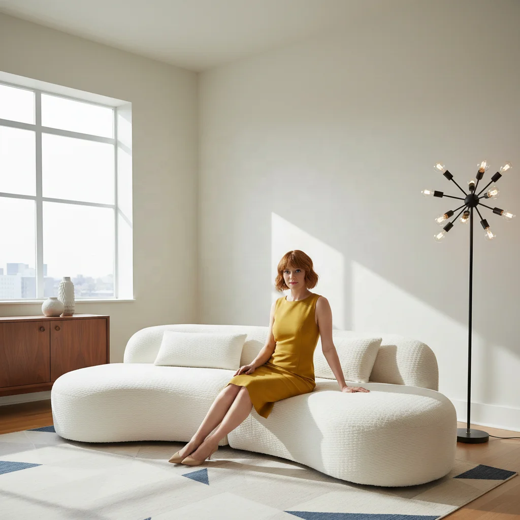 Modern Curved Three Seat Sofa Premium Boucl Fabric High-Density Foam Tufted Upholstered Sectional Vacuum Packed Couch For Living