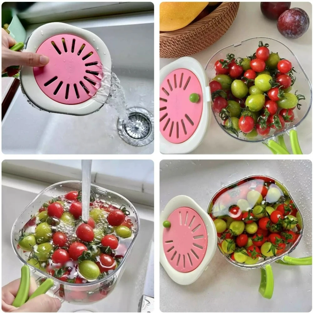 Recipiente para ensalada de nevera de cocina, contenedor escurridor de frutas de doble capa 2 en 1 con mango plegable, cuenco para lavar frutas con colador