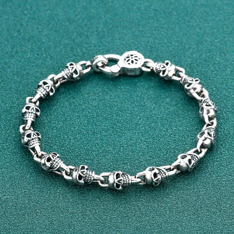 

S925 sterling silver jewelry, men's and women's personalized cherry blossom skull, trendy European and American punk bracelet