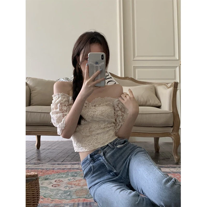 MEXZT Elegant Slash Neck Shirts Women Summer Lace Patchwork Crop Tops Sweet Korean Square Collar Puff Short Sleeve Slim Blouses