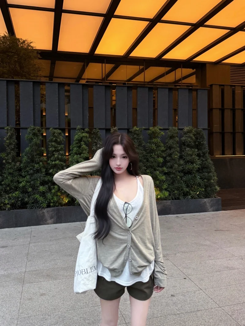 

Women's Summer Casual V-Neck Long Sleeve Open Cardigan Tank Top Set High Waist Wide Leg Shorts Three-Piece Suit Sunscreen