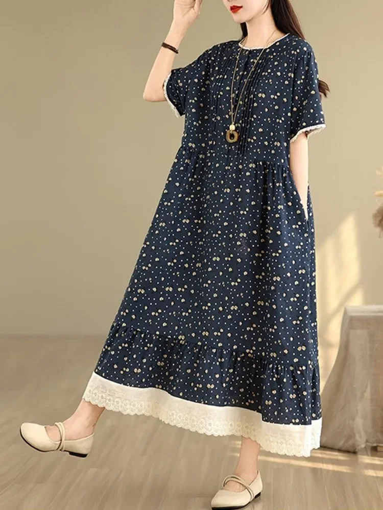 Manga curta oversized algodão linho vintage floral novo em vestidos para mulheres casual solto longo vestido de verão roupas elegantes 2025