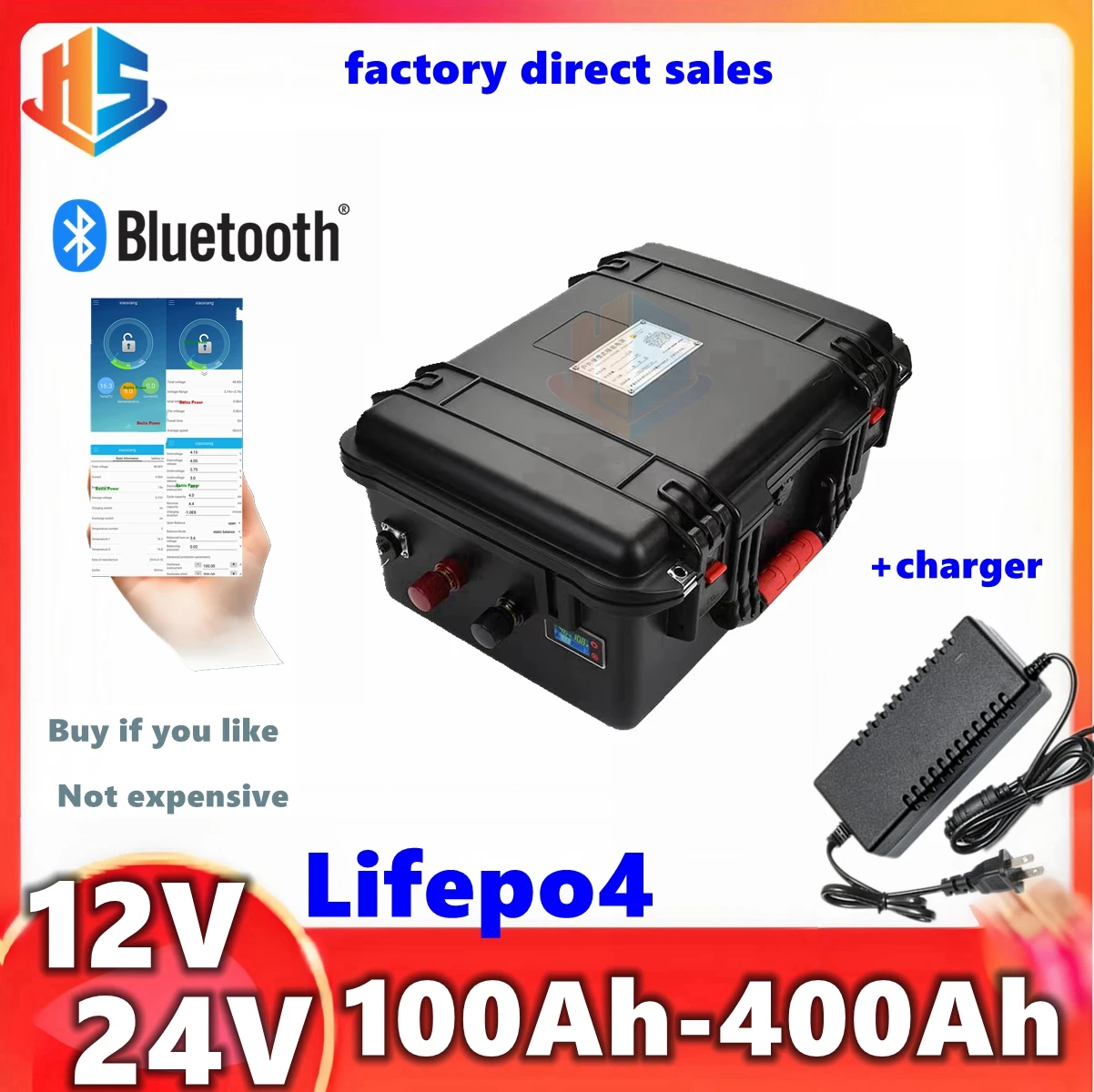 

HS 12V 24V 100Ah 120AH 150AH 200AH 300Ah 400Ah Lifepo4 lithium iron phosphate battery pack bluetooth BMS for boat solar system