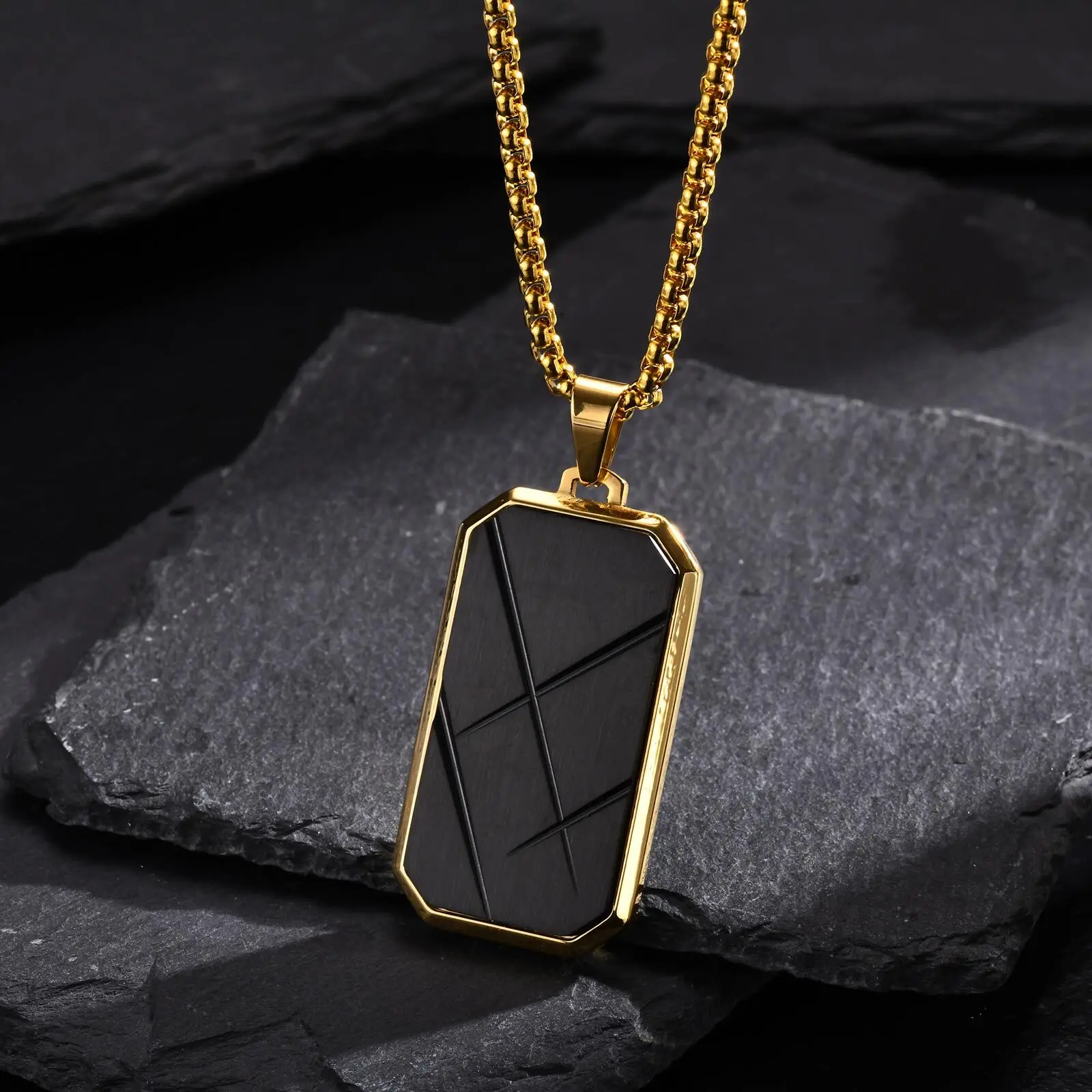 Stilvolle Erkennungsmarken-Halsketten für Männer und Jungen, Halskette mit quadratischem Anhänger aus Edelstahl, Punk-Schmuck, Vatergeschenke – Detail 6