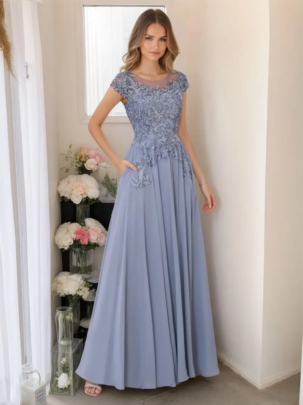 

Lace Applique Mother of The Bride Dresses for Women Plus Size Chiffon Formal Dresses for Wedding Guest
