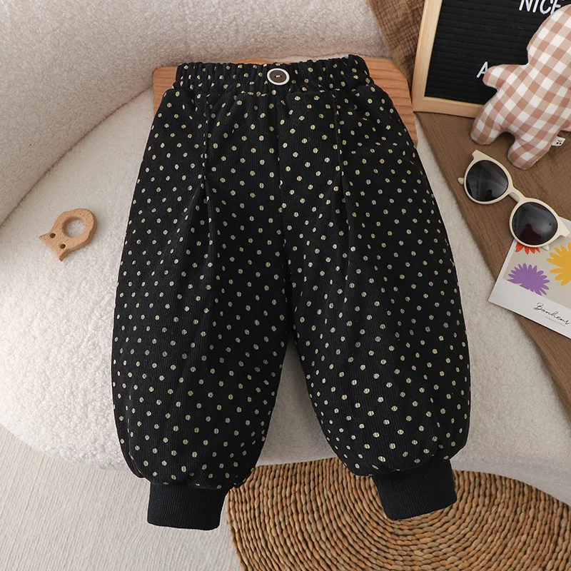 

0-7Y Girls Clothes 2025 Winter Three-Layer Padded Pants Black Polka Dots Children Fashionable Loose Warm Trousers