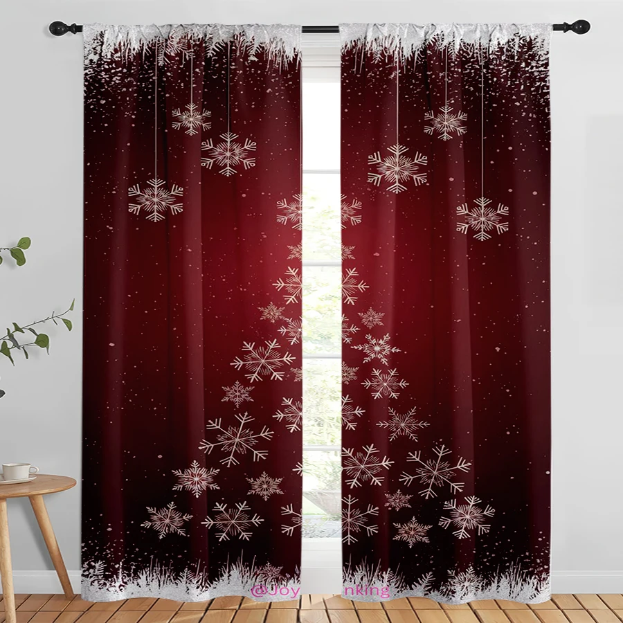 2PCS Digital Print Curtains, Dark Red Background Snowflakes Forming Christmas Tree Hanging Ornaments Snow Border, Elegant Minima
