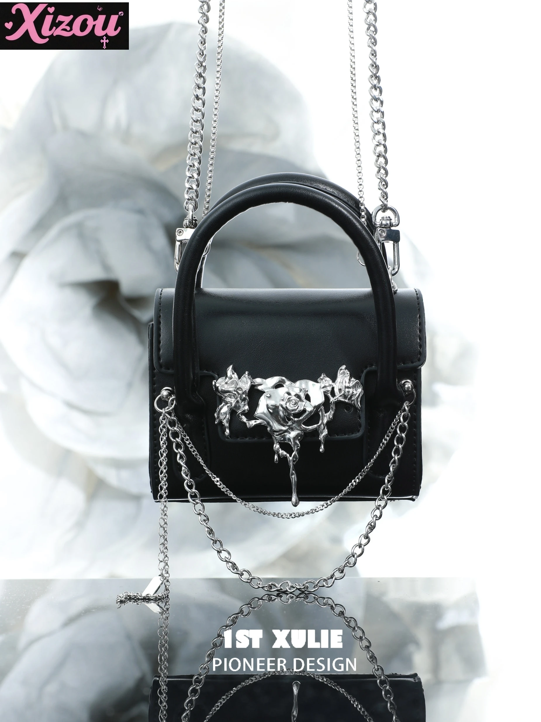 

Сумка в готическом стиле с жидкой розой и цепочкой, оригинальный нишевый дизайн, аксессуары премиум-класса, сумка для мобильного телефона, сумка-мессенджер для женщин