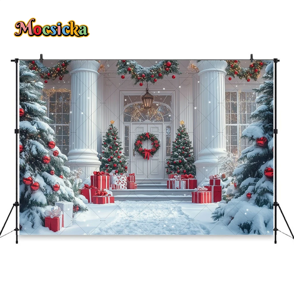 Mocsicka-أبيض خلفية منزل عيد الميلاد ، خلفية باب عتيقة ، ديكور منزلي ، استوديو صور ، ديكور شتوي خارجي ، هدية شجرة الكريسماس