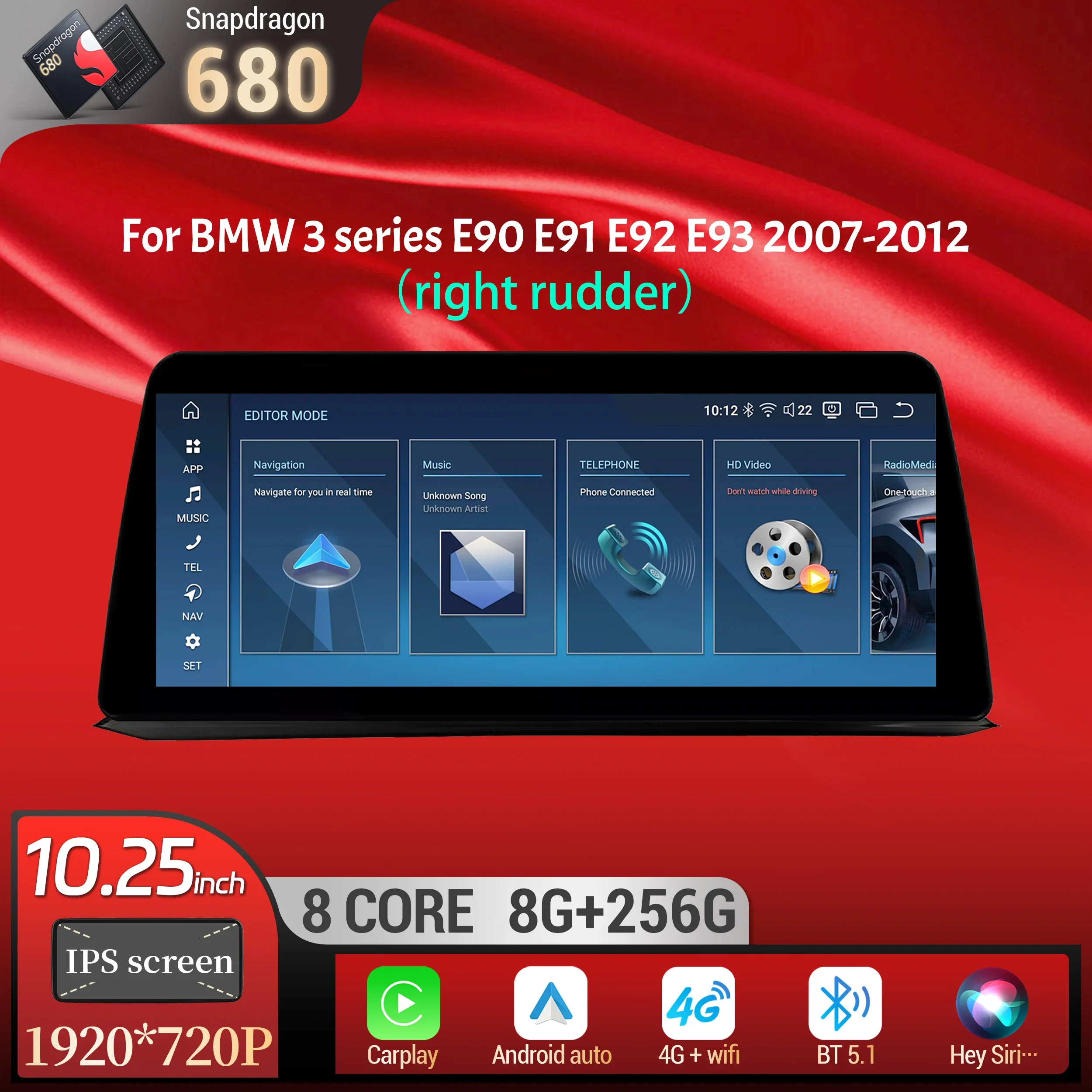 10.25 inch Right Hand Drive Android 13 For BMW 3 series E90 E91 E92 E93 2007-2012 Car Radio Carplay Snapdragon 680 Touch Screen