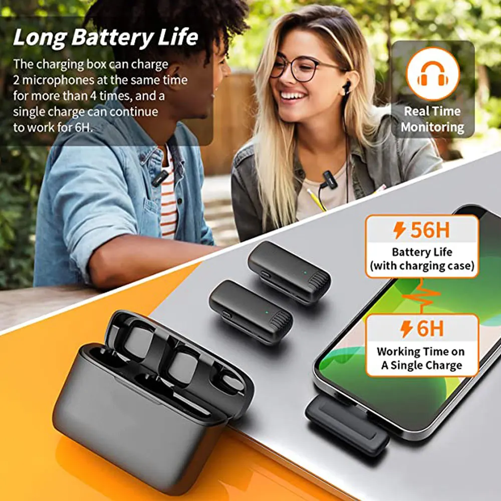 Microfono Lavalier Wireless Mini microfono portatile per registrazione Audio Video con riduzione del rumore per iPhone Android con scatola di ricarica
