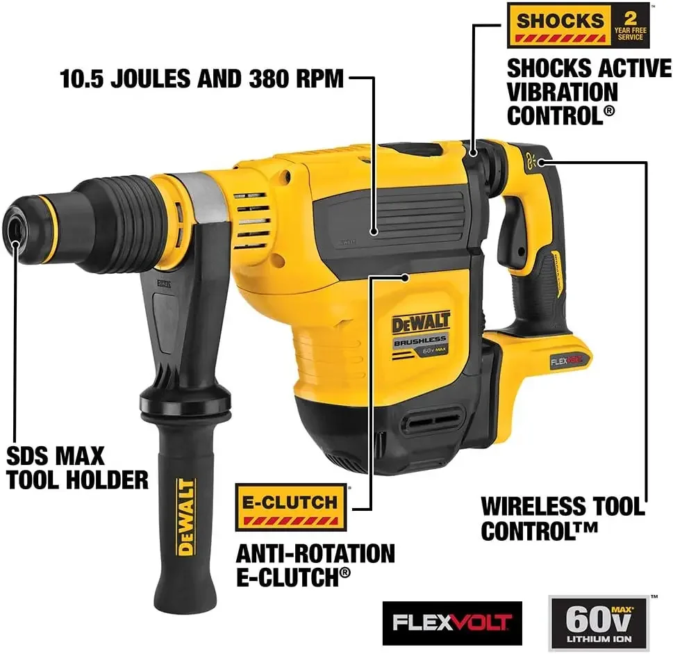 DEWALT FLEXVOLT 60V MAX* Rotary Hammer Drill, SDS Max, Brushless Combination, 1-3/4-Inch, Tool Only (DCH614B)