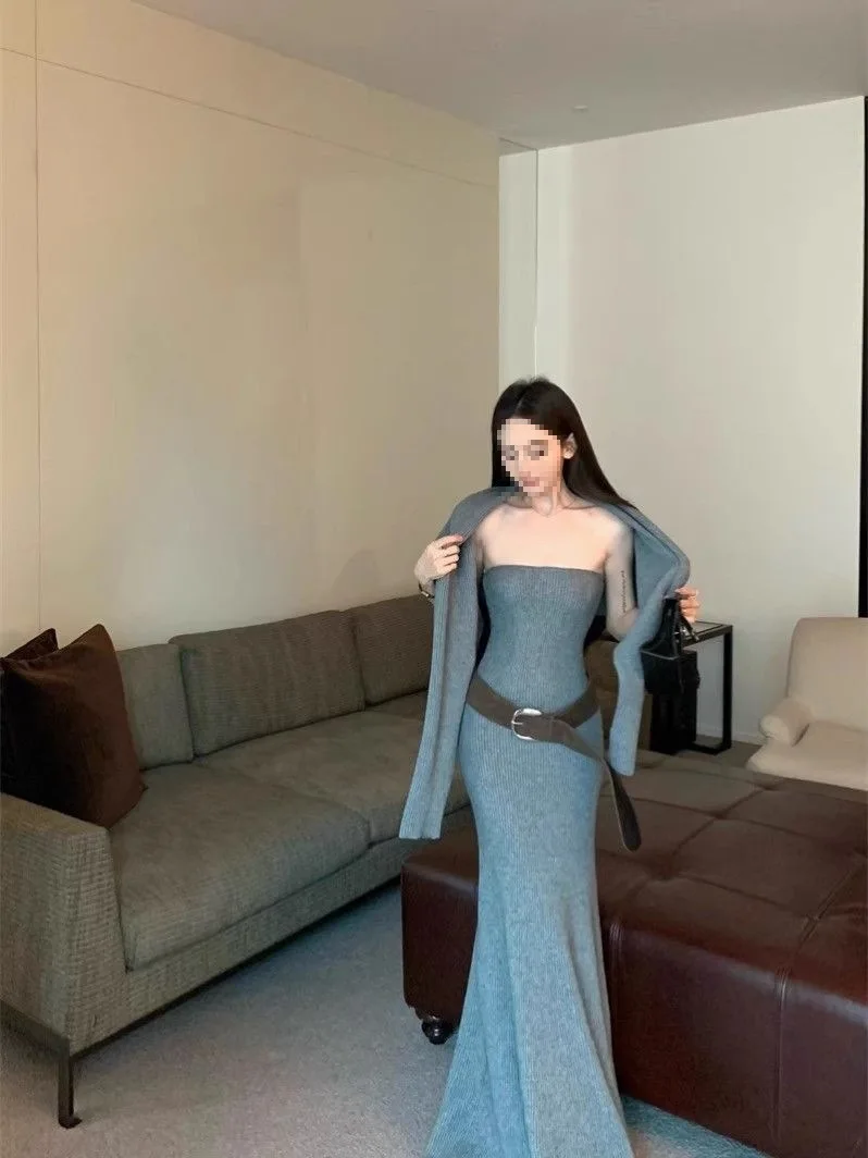 

Retro Lazy Sle Long Sve Knitted Sweater Coat Women's ey Set Strapl Dr Two-Piece Set French Sle Pure Color Slim