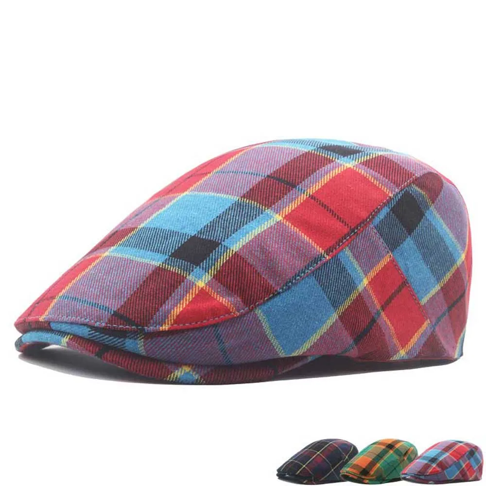 

Mens Women Colorful Striped Plaid Ivy Newsboy Cabbie Gatsby Golf Cap Flat Hat Button Adjustable Thin Cap