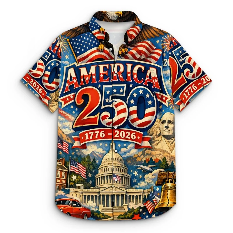 

USA 250th Anniversary Landmark Graphic Hawaiian Shirt For Men Eagle 3D Printed Short Sleeves Summer Blouses Lapel Aloha Shirts
