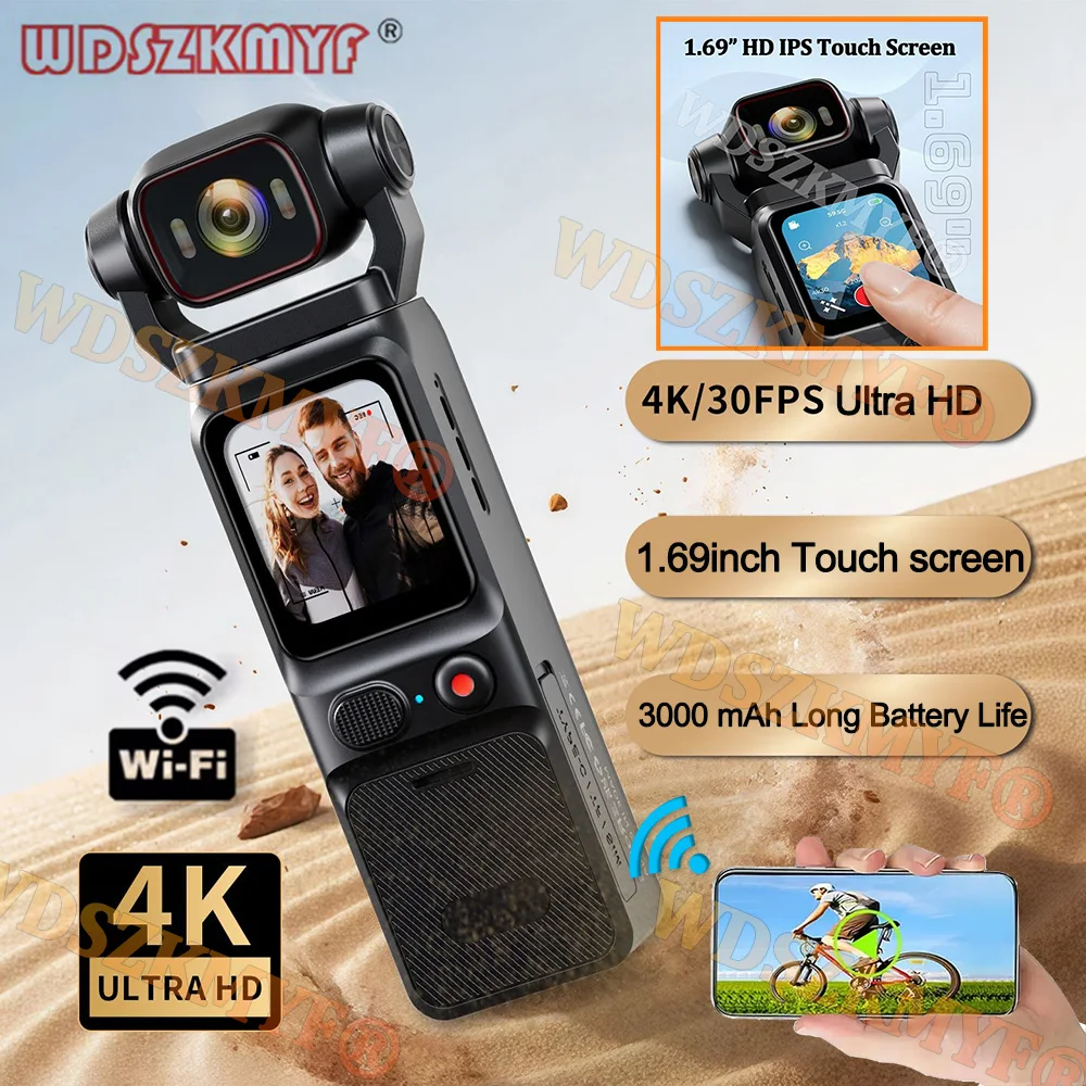 4K UHD WIFI مسجل فيديو صغير محمول باليد مع شاشة تعمل باللمس لإنفاذ القانون 180 °   كاميرا رياضية خارجية بعدسة قابلة للدوران