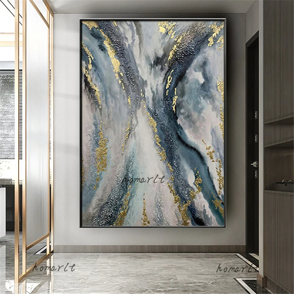 

Hand-Painted Blue Abstract Canvas Poster Modern Cuadros Living Room Exhibits Artwork Handmade Thick Home Decor Wall Art Picture
