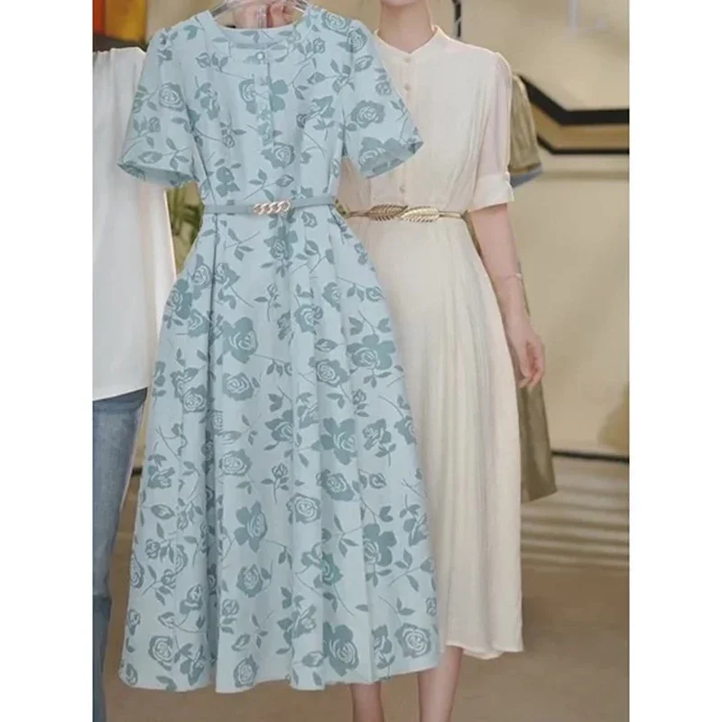 

women's summer new fashion high-grade printed belt swing slim skirt women's dress French luxury temperament printed dress