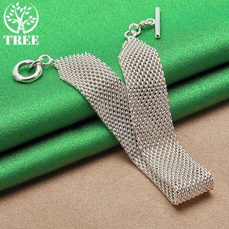 

ALITREE 925 Sterling Silver 18K Gold Wide Watchband Mesh Chain Bracelets For Woman Wedding Party Fashion Jewelry Birthday Gifts